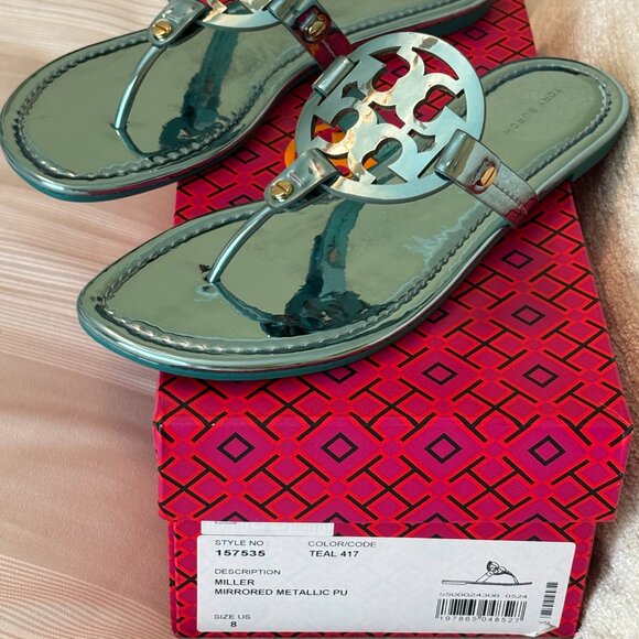 Tory Burch Miller Mirrored Metallic Teal Sandal - Picture 14 of 14